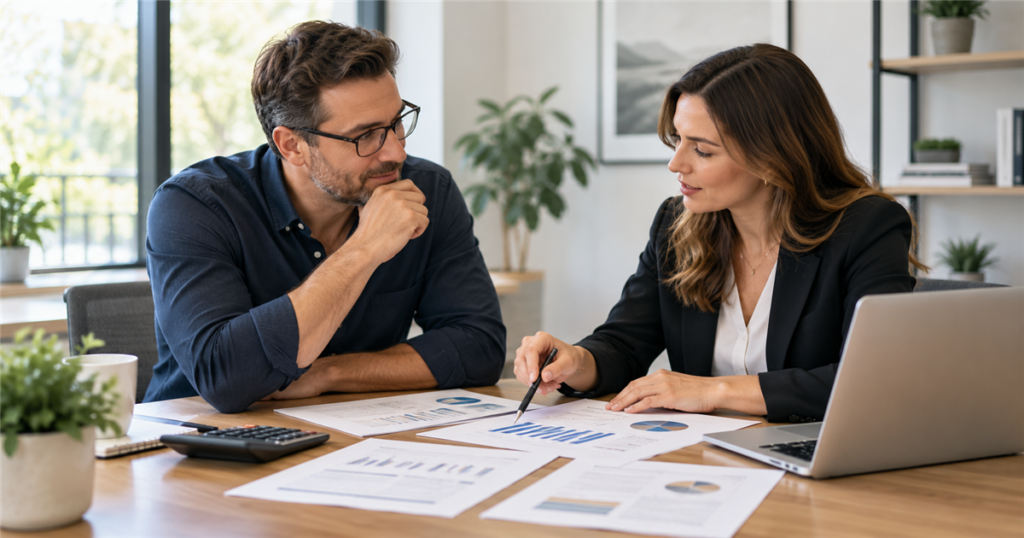 Business owner and accounting advisor explaining CPA Fees at Meinershagen & Co and reviewing financial reports beside a laptop and calculator.